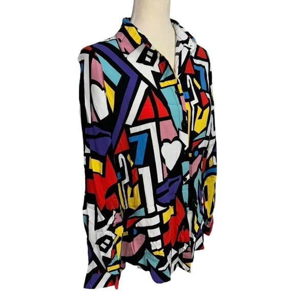 Purple Red Black White Yellow Blue Geometric 80’s style Button Down Blouse XL - Picture 5 of 10